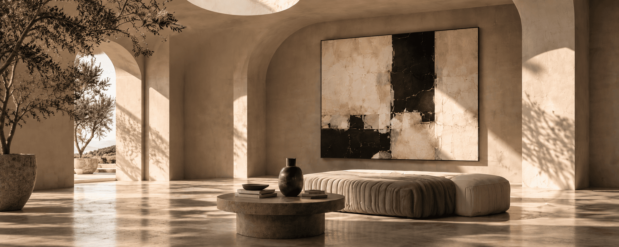 Sunlit architectural gallery with contemporary abstract artwork